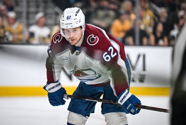 Artturi Lehkonen (62) of the Colorado Avalanche awaits a face off against the Vegas Golden Knights during the third period of the Golden Knights' 2-1 win in Game 4 of the NHL Western Conference Final at T-Mobile Arena in Las Vegas, Nevada on Tuesday, May 26, 2026. Vegas finished the series with a 4-0 sweep and will advance to the Stanley Cup Final. (Photo by AAron Ontiveroz/The Denver Post)