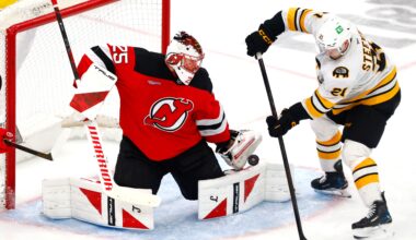 FILE - New Jersey Devils goaltender Jacob Markstrom (25) makes a save against Boston Bruins forward Alex Steeves (21) during the third period of an NHL hockey game, March 16, 2026, in Newark, N.J. (AP Photo/Noah K. Murray, File)