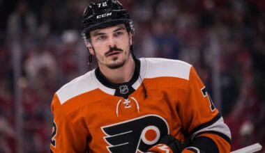 Arber Xhekaj wearing a Philadelphia Flyers home jersey amid NHL trade rumors involving the Montreal Canadiens.