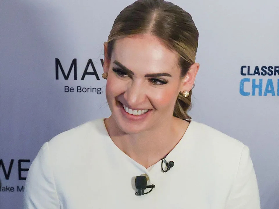  Meaghan Mikkelson talks with media before taking part in Classroom Champions Champion Chats at the Fairmont Palliser Hotel in Calgary on Wednesday, May 27, 2026.