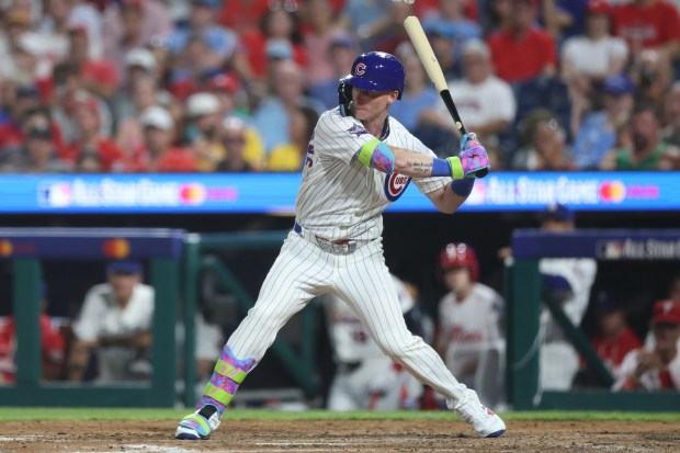 Cubs center fielder Pete Crow-Armstrong singles to center during the eighth inning of the MLB All-Star Game on July 14, 2026, at Citizens Bank Park in Philadelphia. (Emilee Chinn/Getty Images)
