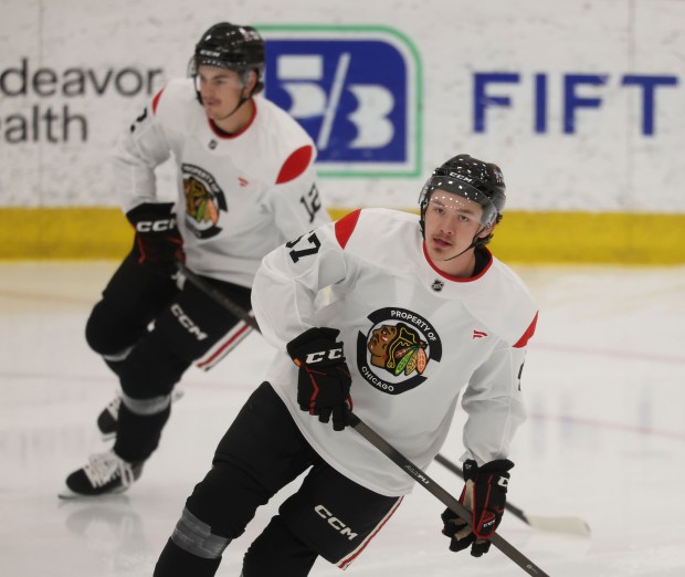 Blackhawks player Ashton Cumby practices Tuesday, June 30, 2026, during development camp at the Blackhawks Ice Center. (Brian Cassella/Chicago Tribune)
