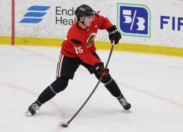 Blackhawks player Mason West practices Tuesday, June 30, 2026, during development camp at the Blackhawks Ice Center. (Brian Cassella/Chicago Tribune)