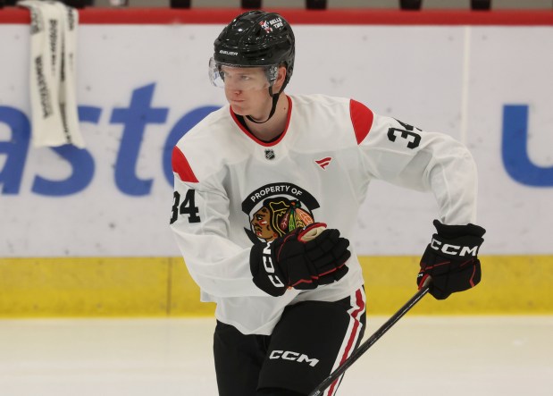 Blackhawks player Václav Nestrašil practices Tuesday, June 30, 2026, during development camp at the Blackhawks Ice Center. (Brian Cassella/Chicago Tribune)
