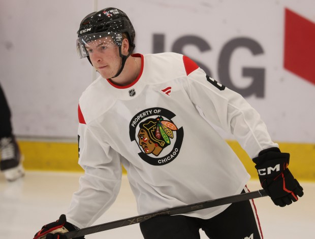 Blackhawks player Nathan Behm practices Tuesday, June 30, 2026, during development camp at the Blackhawks Ice Center. (Brian Cassella/Chicago Tribune)