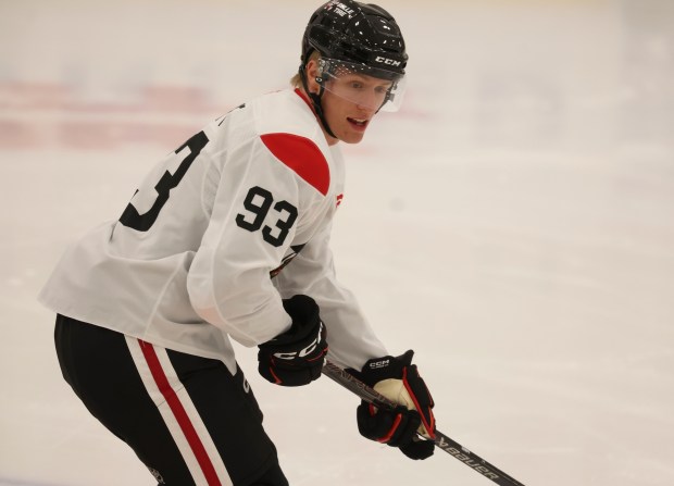 Blackhawks player Julius Sumpf practices Tuesday, June 30, 2026, during development camp at the Blackhawks Ice Center. (Brian Cassella/Chicago Tribune)