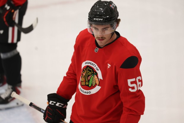 Blackhawks player Parker Holmes practices Tuesday, June 30, 2026, during development camp at the Blackhawks Ice Center. (Brian Cassella/Chicago Tribune)
