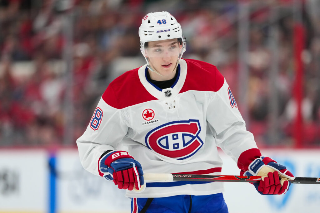 Montreal Canadiens defenseman Lane Hutson (48) skates against the Carolina Hurricanes during the first period at Lenovo Center