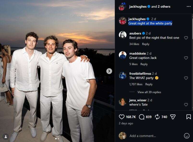 New Jersey Devils stars Jack Hughes and Luke Hughes join Vancouver Canucks captain Quinn Hughes at Michael Rubin White Party (Credit: Instagram/@jackhughes) NHL-New Jersey Devils stars Jack Hughes and Luke Hughes join Vancouver Canucks captain Quinn Hughes at Michael Rubin White Party