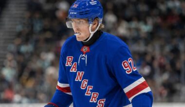 Patrik Laine wearing a New York Rangers home jersey amid NHL free agency rumors