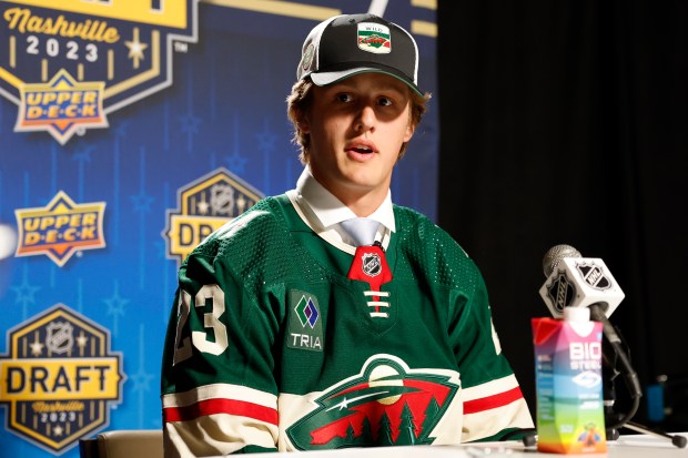Charlie Stramel speaks to reporters after being selected by the Wild with the 21st overall pick of the 2023 NHL Draft at Bridgestone Arena on June 28, 2023 in Nashville, Tennessee. (Jason Kempin / Getty Images)
