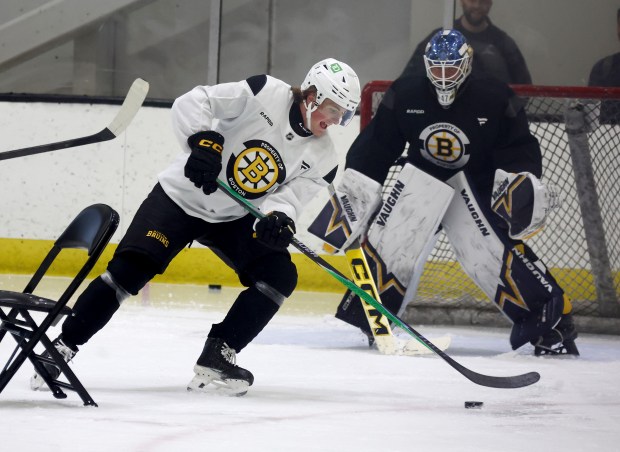 Will Zellers runs through a drill during Bruins Development Camp at Warrior Ice Arena. (Nancy Lane/Boston Herald)