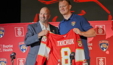 Brady Tkachuk introduced by Florida Panthers, discusses trade to brother's team
