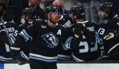 Apr 24, 2026; Salt Lake City, Utah, USA; Utah Mammoth left wing Lawson Crouse (67) celebrates with teammates after scoring a goal against the Vegas Golden Knights during the second period in game three of the first round of the 2026 Stanley Cup Playoffs at Delta Center. Mandatory Credit: Rob Gray-Imagn Images