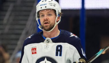 Jan 29, 2026; Tampa, Florida, USA; Winnipeg Jets defenseman Josh Morrissey (44) looks on against the Tampa Bay Lightning during the first period at Benchmark International Arena. Mandatory Credit: Kim Klement Neitzel-Imagn Images