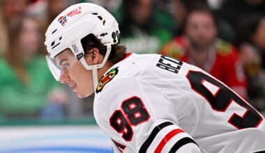 Mar 8, 2026; Dallas, Texas, USA; Chicago Blackhawks center Connor Bedard (98) looks on during the second period against the Dallas Stars at the American Airlines Center. Mandatory Credit: Jerome Miron-Imagn Images