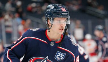 Jan 13, 2026; Columbus, Ohio, USA; Columbus Blue Jackets left wing Mikael Pyyhtia (82) during pregame warmup against the Calgary Flames at Nationwide Arena. Mandatory Credit: Russell LaBounty-Imagn Images