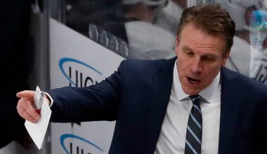 Feb 18, 2024; Pittsburgh, Pennsylvania, USA;  Los Angeles Kings interim head coach Jim Hiller (top) reacts on the bench against the Pittsburgh Penguins during the second period at PPG Paints Arena. Mandatory Credit: Charles LeClaire-USA TODAY Sports
