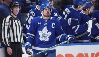 Mar 12, 2026; Toronto, Ontario, CAN; Toronto Maple Leafs forward Auston Matthews (34) looks up at the scoreboard after scoring against the Anaheim Ducks during the second period at Scotiabank Arena. Mandatory Credit: John E. Sokolowski-Imagn Images