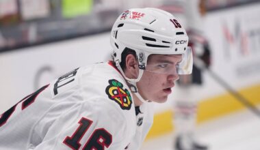 Apr 6, 2026; San Jose, California, USA;  Chicago Blackhawks center Anton Frondell (16) warms up before the game against the San Jose Sharks at SAP Center at San Jose. Mandatory Credit: David Gonzales-Imagn Images