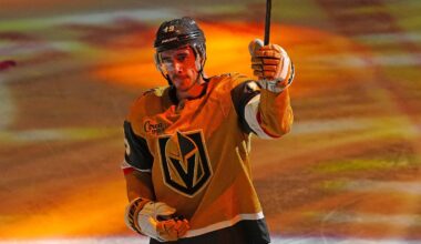Apr 15, 2026; Las Vegas, Nevada, USA; Vegas Golden Knights right wing Reilly Smith (19) was named First Star of the Game after the Golden Knights defeated the Seattle Kraken 4-1 at T-Mobile Arena. Mandatory Credit: Stephen R. Sylvanie-Imagn Images
