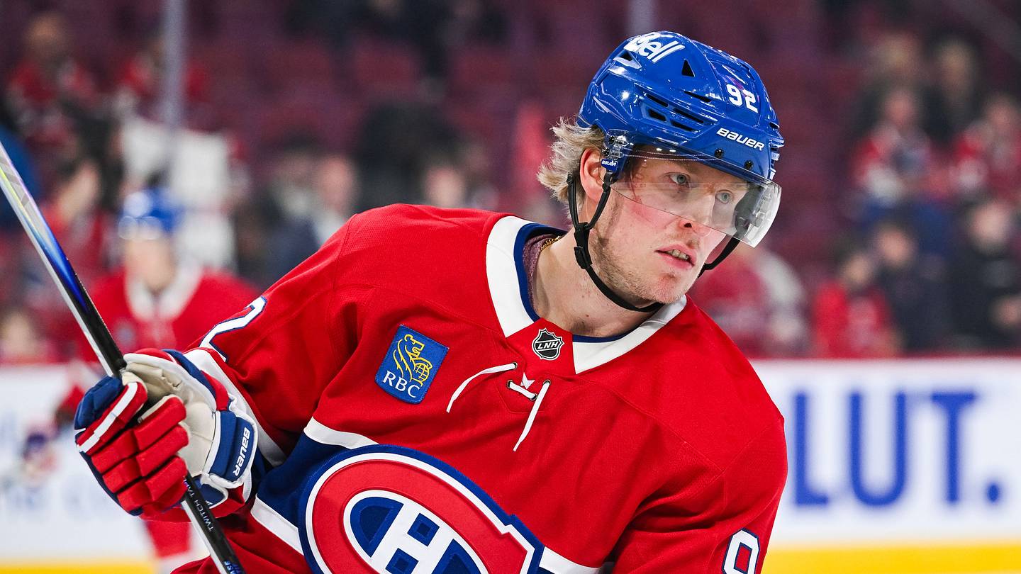 Oct 16, 2025; Montreal, Quebec, CAN; Montreal Canadiens right wing Patrik Laine (92) looks on during warm-up before the game against the Nashville Predators at Bell Centre. Mandatory Credit: David Kirouac-Imagn Images