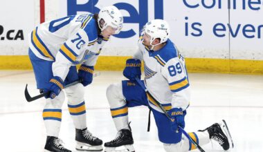 Mar 15, 2026; Winnipeg, Manitoba, CAN; St. Louis Blues center Oskar Sundqvist (70) and St. Louis Blues left wing Pavel Buchnevich (89) talk before the start of the third period against the Winnipeg Jets at Canada Life Centre. Mandatory Credit: James Carey Lauder-Imagn Images