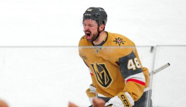 May 12, 2026; Las Vegas, Nevada, USA; Vegas Golden Knights center Tomas Hertl (48) celebrates after scoring a goal against the Anaheim Ducks during the third period of game five of the second round of the 2026 Stanley Cup Playoffs at T-Mobile Arena. Mandatory Credit: Stephen R. Sylvanie-Imagn Images