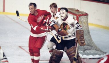 1970; Detroit, MI, USA; FILE PHOTO; Chicago Blackhawks goalie Tony Esposito (35) and defender Keith Magnuson (3) in action against Detroit Red Wings right wing Gordie Howe (9) during the 1970 season. Mandatory Credit: Tony Tomsic-USA TODAY NETWORK