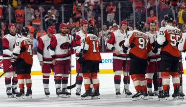 May 9, 2026; Philadelphia, Pennsylvania, USA; The Carolina Hurricanes and Philadelphia Flyers shake hands after game four of the second round of the 2026 Stanley Cup Playoffs at Xfinity Mobile Arena. Mandatory Credit: James Lang-Imagn Images