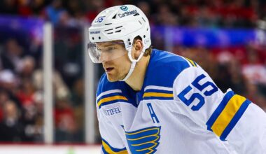 Mar 18, 2026; Calgary, Alberta, CAN; St. Louis Blues defenseman Colton Parayko (55) against the Calgary Flames during the third period at Scotiabank Saddledome. Mandatory Credit: Sergei Belski-Imagn Images