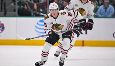Mar 8, 2026; Dallas, Texas, USA; Chicago Blackhawks center Ryan Greene (20) skates against the Dallas Stars during the game between the Stars and the Blackhawks at American Airlines Center. Mandatory Credit: Jerome Miron-Imagn Images