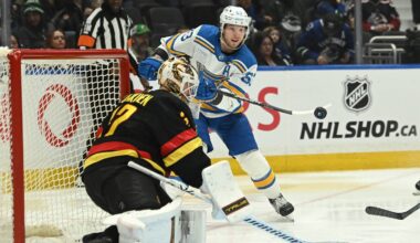 Mar 21, 2026; Vancouver, British Columbia, CAN;  St. Louis Blues left wing Jake Neighbours (63) shoots the puck defended by Vancouver Canucks goaltender Kevin Lankinen (32) during the third period at Rogers Arena. Mandatory Credit: Simon Fearn-Imagn Images