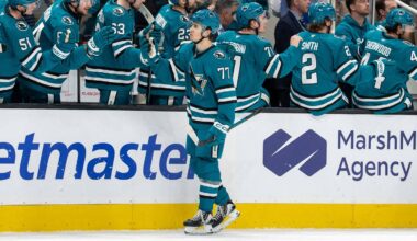 Feb 28, 2026; San Jose, California, USA; San Jose Sharks center Michael Misa (77) celebrates with teammates after scoring a goal against the Edmonton Oilers during the first period at SAP Center at San Jose. Mandatory Credit: Neville E. Guard-Imagn Images