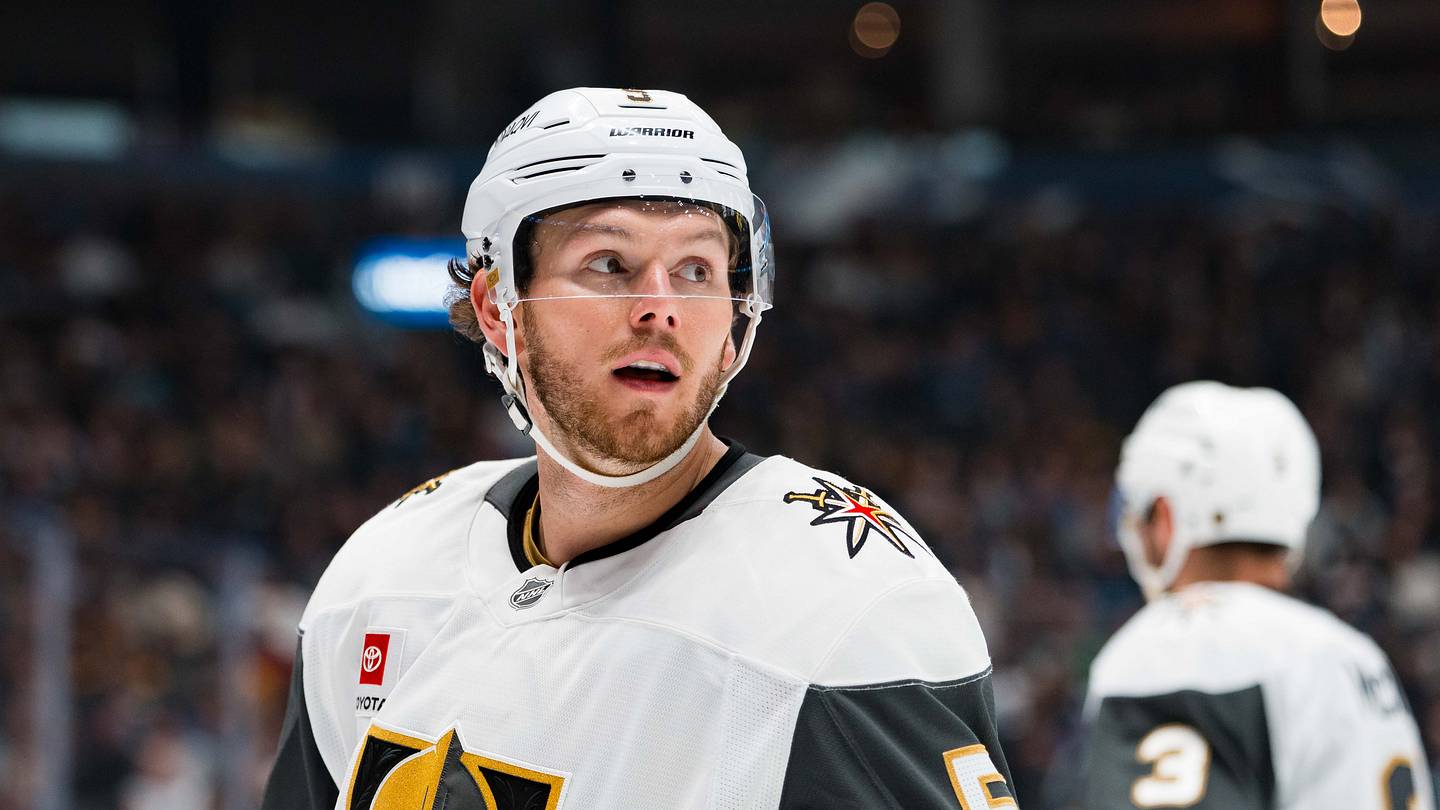 Apr 7, 2026; Vancouver, British Columbia, CAN; Vegas Golden Knights defenseman Jeremy Lauzon (5) during a stop in play against the Vancouver Canucks in the second period at Rogers Arena. Mandatory Credit: Bob Frid-Imagn Images