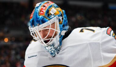 Mar 17, 2026; Vancouver, British Columbia, CAN; Florida Panthers goalie Sergei Bobrovsky (72) reacts after being scored on by Vancouver Canucks forward Aatu Raty (54) in the second period at Rogers Arena. Mandatory Credit: Bob Frid-Imagn Images