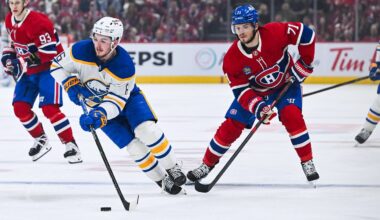 May 16, 2026; Montreal, Quebec, CAN; Buffalo Sabres left wing Zach Benson (6) plays the puck against Montreal Canadiens center Jake Evans (71) during the second period in game six of the second round of the 2026 Stanley Cup Playoffs at Bell Centre. Mandatory Credit: David Kirouac-Imagn Images