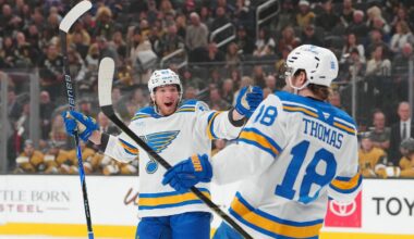 Jan 10, 2026; Las Vegas, Nevada, USA; St. Louis Blues left wing Jake Neighbours (63) celebrates a goal scored against the Vegas Golden Knights by center Robert Thomas (18) during the first period at T-Mobile Arena. Mandatory Credit: Stephen R. Sylvanie-Imagn Images