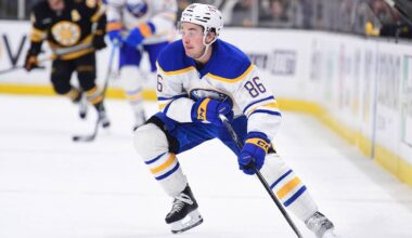 Apr 26, 2026; Boston, Massachusetts, USA; Buffalo Sabres center Noah Ostlund (86) controls the puck during the second period in game four of the first round of the 2026 Stanley Cup Playoffs against the Boston Bruins at TD Garden. Mandatory Credit: Bob DeChiara-Imagn Images