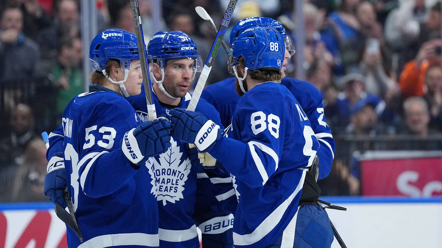 Apr 13, 2026; Toronto, Ontario, CAN; Toronto Maple Leafs center John Tavares (91) scores a goal and celebrates with right wing William Nylander (88) against the Dallas Stars during the first period at Scotiabank Arena. Mandatory Credit: Nick Turchiaro-Imagn Images