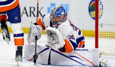 Mar 31, 2026; Buffalo, New York, USA;  New York Islanders goaltender Ilya Sorokin (30) makes a save during the second period against the Buffalo Sabres at KeyBank Center. Mandatory Credit: Timothy T. Ludwig-Imagn Images