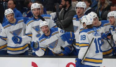 Apr 16, 2026; Salt Lake City, Utah, USA; St. Louis Blues center Robert Thomas (18) celebrates with teammates after scoring a goal against the Utah Mammoth during the second period at Delta Center. Mandatory Credit: Rob Gray-Imagn Images