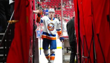 Apr 4, 2026; Raleigh, North Carolina, USA;  New York Islanders defenseman Matthew Schaefer (48) comes off the ice after the warmups before the start of the game against the Carolina Hurricanes at Lenovo Center. Mandatory Credit: James Guillory-Imagn Images