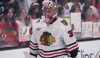 Apr 6, 2026; San Jose, California, USA;  Chicago Blackhawks goalie Spencer Knight (30) warms up before the game against the San Jose Sharks at SAP Center at San Jose. Mandatory Credit: David Gonzales-Imagn Images
