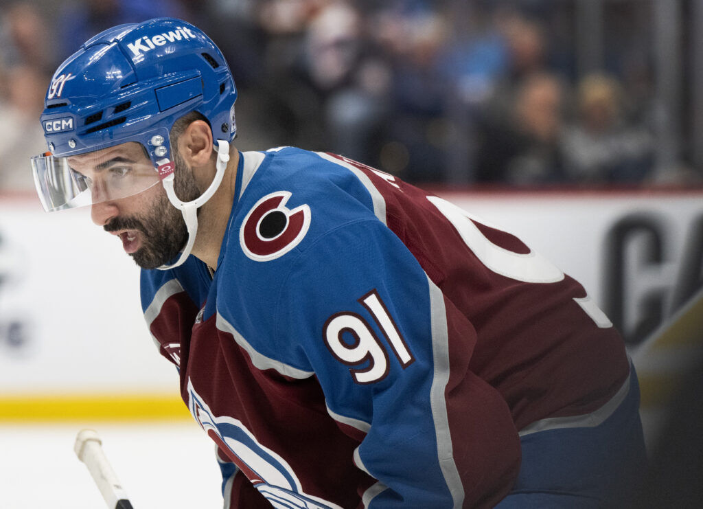 Colorado Avalanche center Nazem Kadri (91) prepares for a faceoff against the Minnesota Wild during the third period in Game 5 of the second round of the NHL playoffs Wednesday, May 13, 2026, at Ball Arena in Denver. (The Gazette, Christian Murdock)