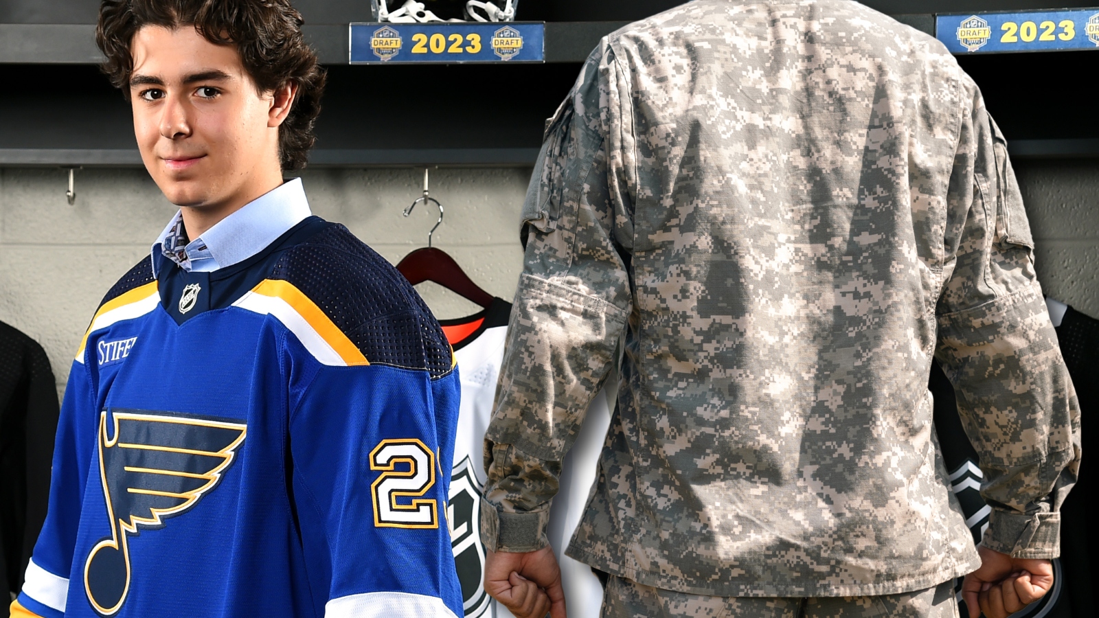 Blues prospect Matthew Mayich next to Army soldier