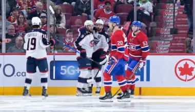 Columbus Blue Jackets forward Kirill Marchenko (86) celebrates with teammates after scoring a goal against the Montreal Canadiens during the second period at the Bell Centre.