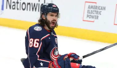 Columbus Blue Jackets right wing Kirill Marchenko (86) celebrates his game winning goal in overtime against the Los Angeles Kings at Nationwide Arena.