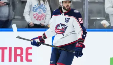 Columbus Blue Jackets right wing Kirill Marchenko (86) skates during the warmup before a game against the Toronto Maple Leafs at Scotiabank Arena.