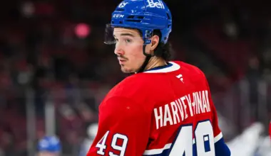 Montreal Canadiens left wing Rafael Harvey-Pinard (49) looks on during warm-up before the game against the Winnipeg Jets at Bell Centre.